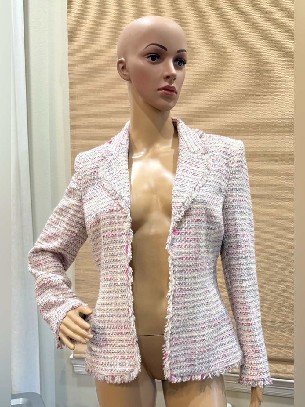 Kasper Pink & White Tweed Fringe-Trim Blazer Jacket